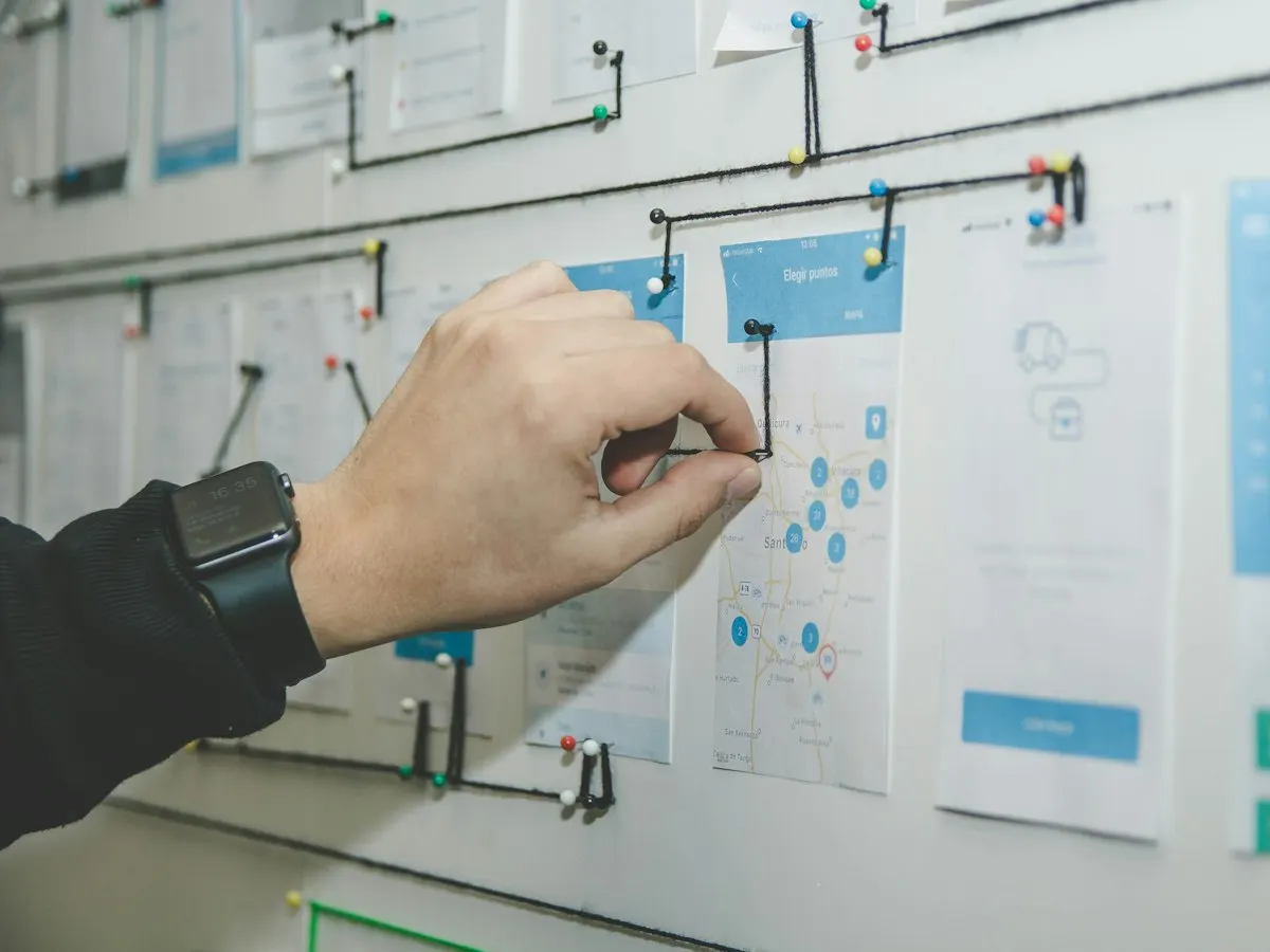 Designer mapping out a website's user flow and wireframes